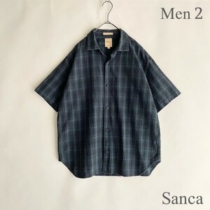 Sanca 日本製 サンカ DOBBY CHECK MINIMAL S/S SHIRTS 半袖シャツ チェックシャツ ゆったりめ くるみボタン コットン ネイビー系 size 2 sk