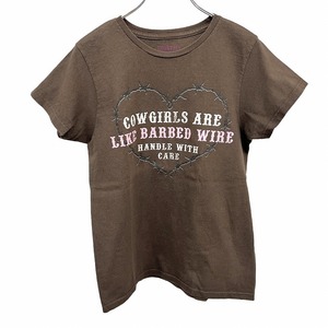 LIFESTYLE Legends Tシャツ 輸入古着 有刺鉄線のハート 英字 文字 半袖 丸首 クルーネック 綿100% S ブラウン 茶 レディース