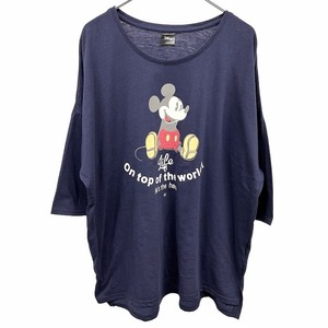 ノットエフエム|ディズニー Not FM|DISNEY Tシャツ ミッキーマウス プリント ビッグシルエット 7分袖 ポリ×綿 LL XL ネイビー レディース