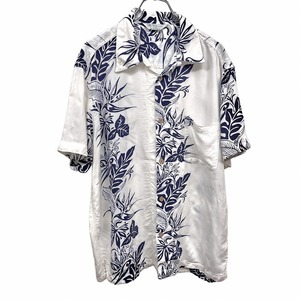 Originals HAWAIIAN SURF BRAND アロハシャツ リーフ柄 植物柄 半袖 オープンカラー レーヨン100% L ネイビー 紺×オフホワイト メンズ