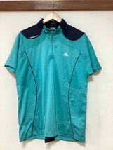 へ1350 adidas GOLF アディダスゴルフ ハーフジップ 半袖シャツ L ブルーグリーン/ネイビー CLIMACOOL ドライ 速乾 ロゴプリント_画像1