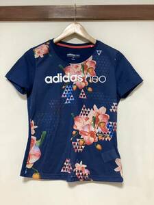 ほ1400 adidas neo アディダスネオ 花柄 半袖Tシャツ M ネイビー レディース 異素材切替し