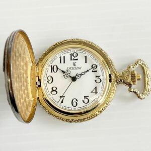EXCELLENT エクセレント 懐中時計 手巻き 白文字盤 ３針 稼働品 ゴールド アンティーク チェーン付 0001d