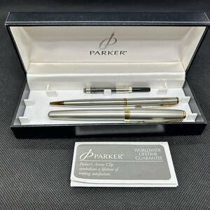 #8422-A　PARKER パーカー SONNET ソネット 万年筆 ペン先ゴールドカラー シルバー ケース付き ボールペン　付き　筆記未確認 