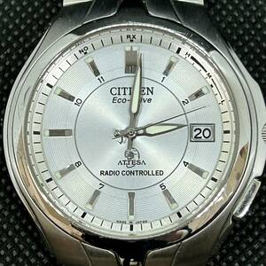 #8525 CITIZEN シチズン ATTESA アテッサ 腕時計 H410-T007627 電波 ソーラー エコドライブ デイト ホワイト文字盤 シルバー　不動品