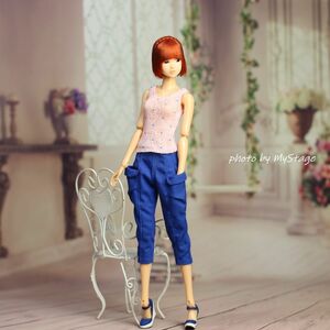  doll clothes msdr-23-190 tank top polka dot . blue 7 minute pants ( poppy parka,FRNIPPON, Obi tsu,momoko, Jenny etc. for )