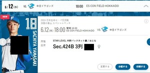 6/12( water )es navy blue field Hokkaido Nippon-Ham Fighters VS Chunichi Dragons STAR LEVEL inside . back net reverse side pair ticket!!