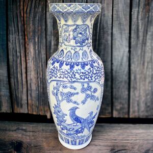 中国美術　鳥花図　青花　大花瓶　80cm