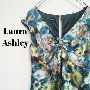 Laura Ashley　ローラアシュレイ　ワンピース　サイズUK10　絵画風デザイン　総柄　Ａライン　フレア　フレンチスリーブ