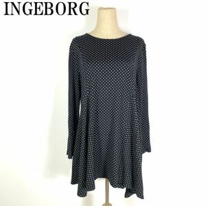 LA1386 インゲボルグ 水玉ドット柄コットンワンピース INGEBORG 長袖 フリル チュニック 丈長プルオーバー チュニック濃紺ダークネイビー４