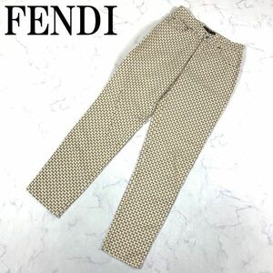 LA1492 フェンディー 総柄カジュアルパンツ ベージュ×茶ブラウン FENDI コットンリネンパンツ 麻生地混 マルチカラー 28