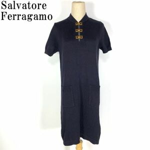 LA1510 サルヴァトーレフェラガモ コットンニットSalvatore Ferragamo ダークネイビー 綿コットン100％ ワンピース 濃紺 半袖 M