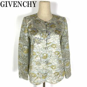 LA1590 ジバンシー ビーズ花柄刺ジャケット GIVENCHY 裏地あり 袖部分シアー 金色ゴールド 透かし編み刺ブルーグレー系 フォーマル10