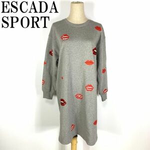 LA1604 エスカーダ リップ柄スウェットトレーナーESCADA SPORT 長袖 赤レッド スパンコール ラインストーンワンピース グレー 36