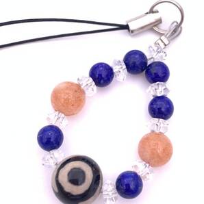 天然石三眼天珠&ラピスラズリ&サンストーンのストラップ