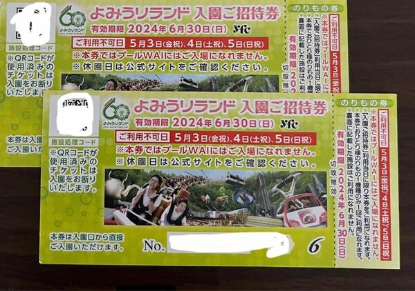 よみうりランド 入園ご招待券 入園券 入園招待券 のりもの券 のりもの券付　2枚セット　ペア　読売ランド