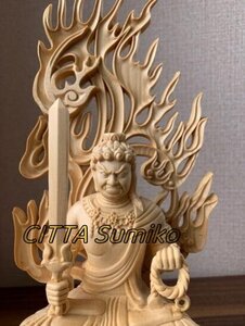 極上品精密彫刻 不動明王 木彫 仏像　　不動明王像　檜木 高約28cm