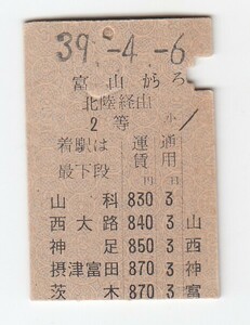 鉄道、硬券、切符23　縦　富山から、北陸経由、茨木ゆき　2等870円　39.4.6