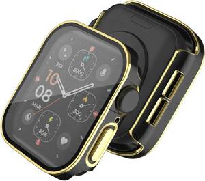 AIYYXX Apple Watch ケース アップルウォッチ カバー 45mm対応 3D直角エッジ 超薄型 PC+ガラス素材(光沢防水のブラック&ゴールド)