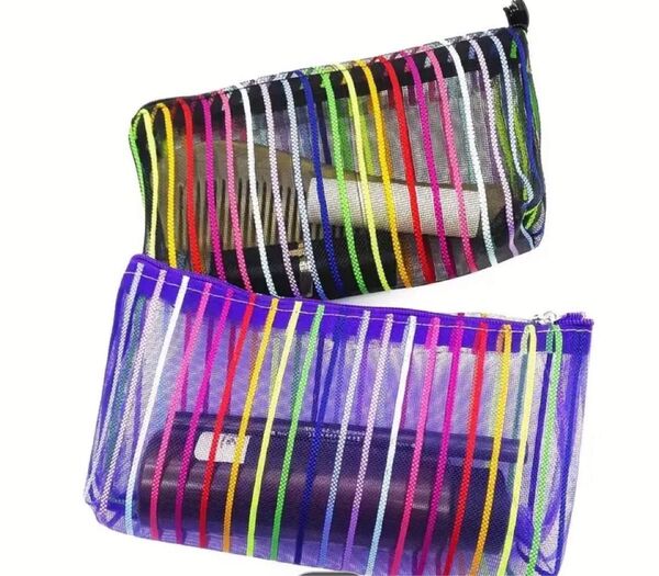カラフルストライプメッシュポーチ\新品\化粧ポーチ\旅行\オフィス用品\化粧品\バスアメニティに最適\1個
