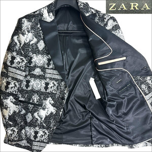 J7059 美品 ZARA MAN 総柄 馬柄 タキシードジャケット ブラック×ホワイト 54(XXXL) ザラ マン