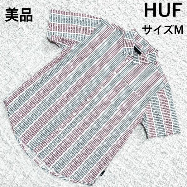 極美品　HUF ハフ　ボタンダウン半袖シャツ　ロゴプリント　サイズM コットン