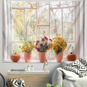 植物フラワー　ウインド　窓風景　タペストリー　のれん　カーテン　壁掛け　インテリア雑貨