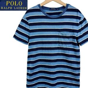 サイズS★POLO RALPH LAUREN★ボーダー柄半袖Tシャツ カットソー ポケT ポロラルフローレン インディゴ ネイビー メンズ T2653 古着公園