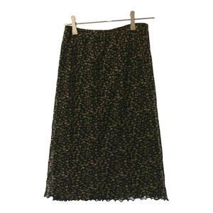 【16331】 Spick and Span スピック アンド スパン 膝丈スカート 38 M 黒 ピンク 白 緑 花柄模様 フリル ウエストゴム紐