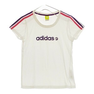 【12659】 adidas アディダス 半袖Tシャツ カットソー サイズL ホワイト コットン100% ラメ入り ブランドロゴ プリント柄 レディース