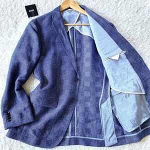 L размер / лен ./ прекрасный товар *HUGO BOSS Hugo Boss tailored jacket внешний linen проверка синий голубой 48 мужской бизнес весна лето summer 