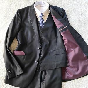 XL size / lustre processing *TETE HOMMEteto Homme business suit setup three-piece tailored jacket black 7 men's business 