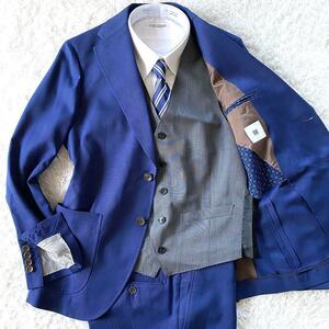 シルク混 ●SUIT SELECT スーツセレクト ビジネス スーツ セットアップ スリーピース 絹 夏 青 ブルー メンズ ベスト テーラードジャケット