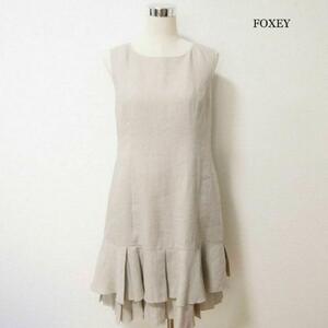 美品 FOXEY フォクシー サイズ42 麻 リネン100％ 二段フリル ティアード クルーネック 膝丈 ノースリーブ ワンピース ドレス ベージュ