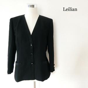 美品 Leilian レリアン サイズ9 ノーカラージャケット Vネック シングル 3B 黒 ブラック