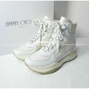 良品 綺麗 JIMMY CHOO ジミーチュウ 40 約25㎝ レザー 星 レースアップ チャンキーハイカット スニーカー オフホワイト