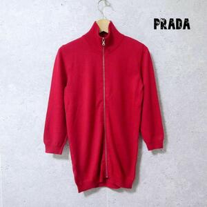 良品 PRADA プラダ サイズ38 スタンドカラー ミドル丈 七分袖 ジップアップ ニット カーディガン ジャケット 赤 レッド