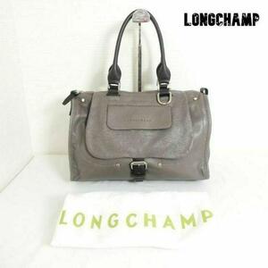 良品 綺麗 LONGCHAMP ロンシャン レザー ベルト 底鋲 ハンドバッグ ミニボストンバッグ グレー系