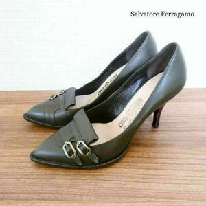 良品 綺麗 Salvatore Ferragamo サルヴァトーレフェラガモ 6C 23.5㎝ レザー ベルト ポインテッドトゥ ハイヒール パンプス カーキ