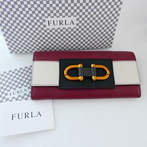 美品 FURLA フルラ レザー ホースビット 二つ折り 長財布 ロングウォレット マルチカラー