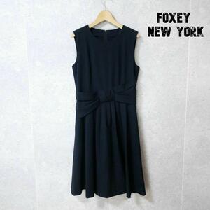 美品 FOXEY NEW YORK フォクシーニューヨーク サイズ42 レディシェイプ ストレッチ フレア ノースリーブ ワンピース 紺 ネイビー