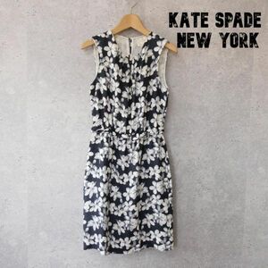 美品 kate spade new york ケイトスペードニューヨーク サイズ00 XS 花柄 総柄 ノースリーブ 膝丈 ワンピース グレー系×ホワイト