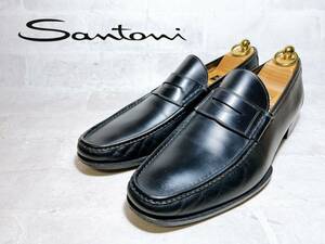 【極美品】SANTONI サントーニ 高級 レザーローファー ビジネスシューズ スリッポン 黒 本革 レザー UK9.5（約28cm）イタリア製