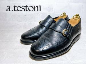 イタリア製【美品】a.testoni ア・テストーニ ウィングチップ サイドゴア ビジネスシューズ 黒 レザー UK7（約25.5cm）高級紳士靴