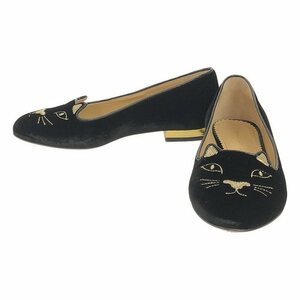 【美品】 Charlotte Olympia / シャーロットオリンピア | ベロア キャット 猫 フラットシューズ | 34 | ブラック | レディース