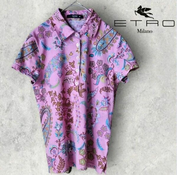 残り1点 [エトロ] ピンク × 草花柄 ロゴ刺繍ポロシャツ イタリア製 42 半袖