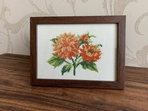  Cross stitch hand made frame entering Cross stitch final product dahlia flower orange gardening interior embroidery present 