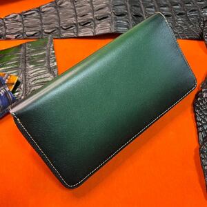  Italian leather hand made with translation green men's cow leather original leather man and woman use handmade popular commodity round fastener popular // long wallet change purse .