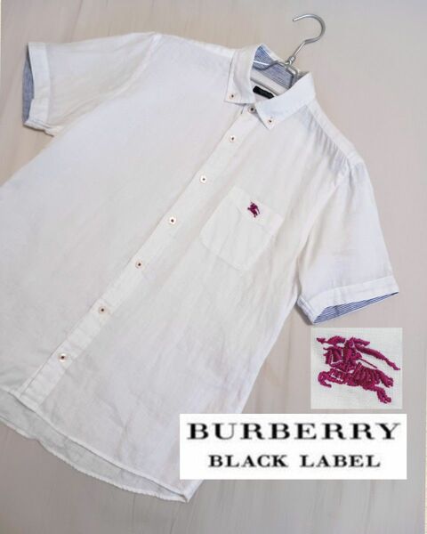 バーバリブラックレーベル◆リネン100% 半袖シャツ◆ 白　麻　BURBERRY