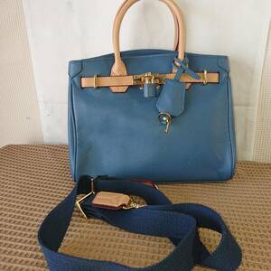 * unused goods *15M2001D* hand & shoulder bag * blue × beige renoma Renoma cow leather 